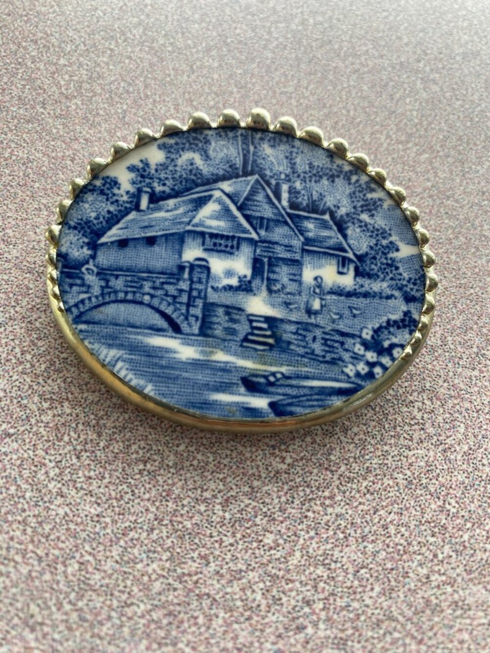 Vintage Salem China Company Olde Staffordshire ironstone woman brooch pin